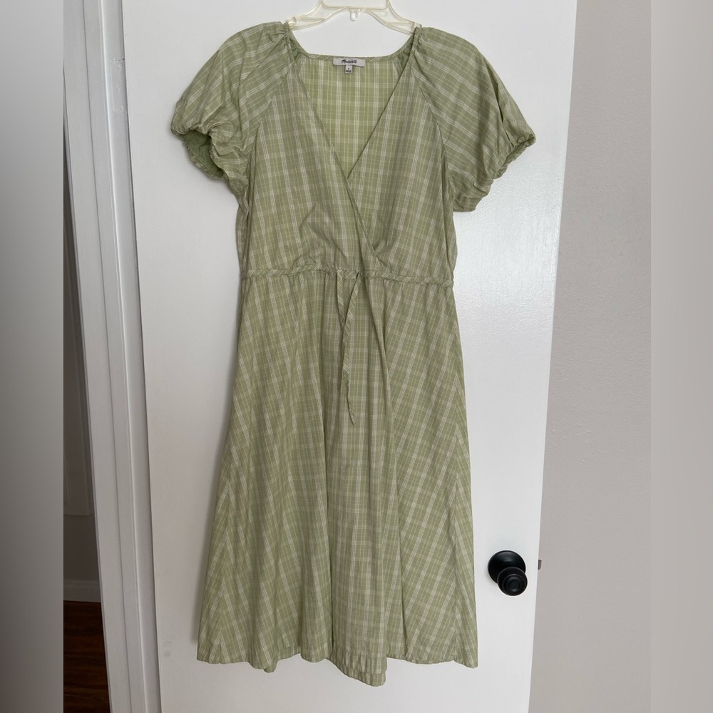 Madewell Green Plaid Tie-Waist Bubble Sleeve Midi Dress Soft Lightweight Cotton